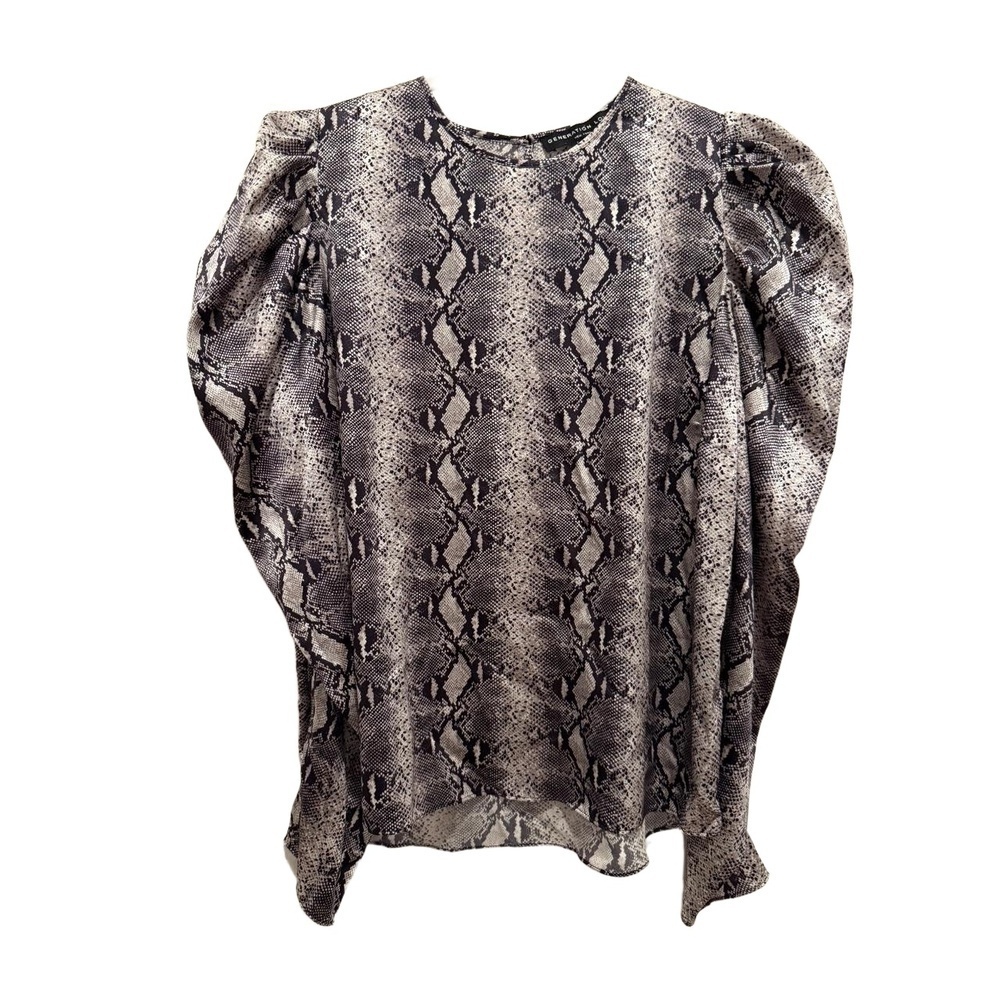 Generation Love Top Size XS Grey White Snakeskin Python Puff Sleeve Blouse Silk